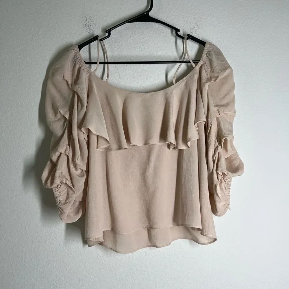 Zara Bohemian women tops Ruffle 3/4 sleeve beige size S out Shoulder